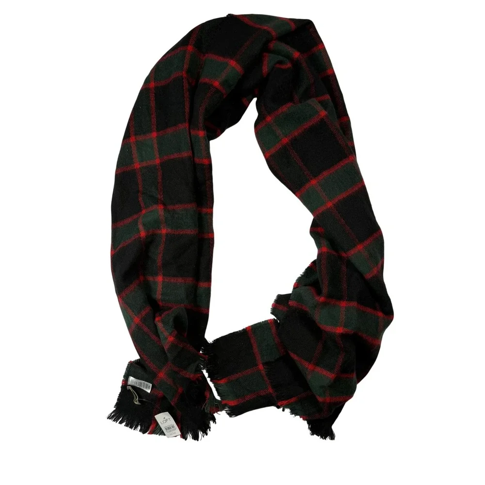LOFT Plaid Academic Preppy Womens Oversized Scarf Black Green Red Acrylic